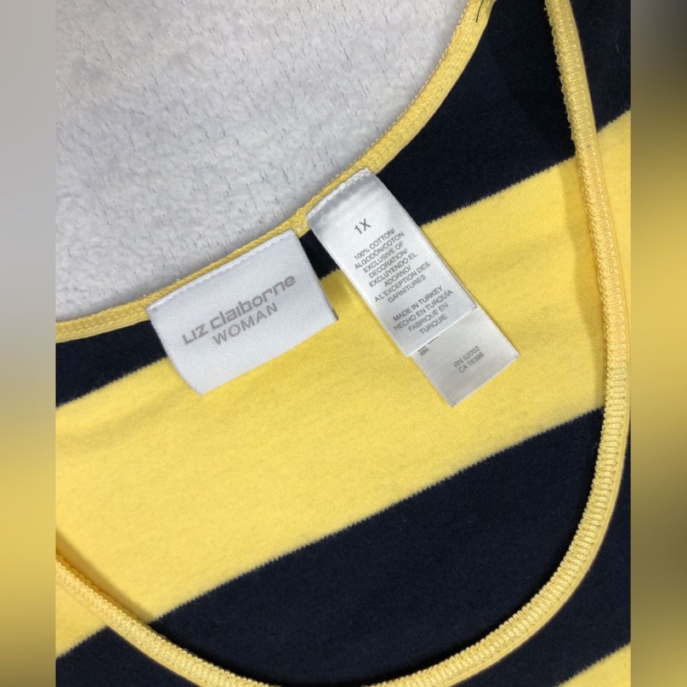 5 for $10 Liz Claiborne EUC Yellow, White, & Navy Striped Top 1X - Picture 5 of 7